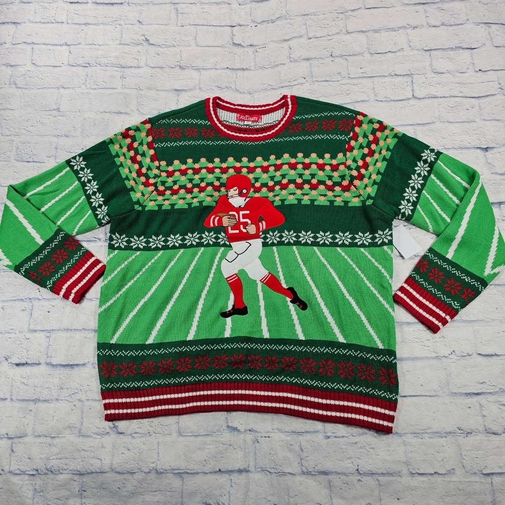 Jollidays Football Ugly Christmas Sweater Mens 3XB Green Fair Isle Holiday Knit